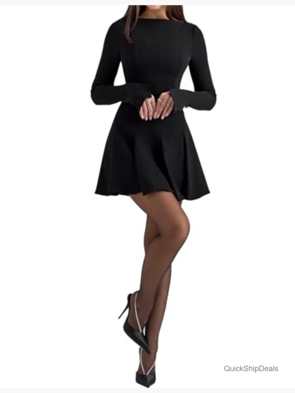 Long Sleeve Boat Neck Bodycon Mini Dress Pleated Fit and Flare Prom Dress - Picture 2 of 6